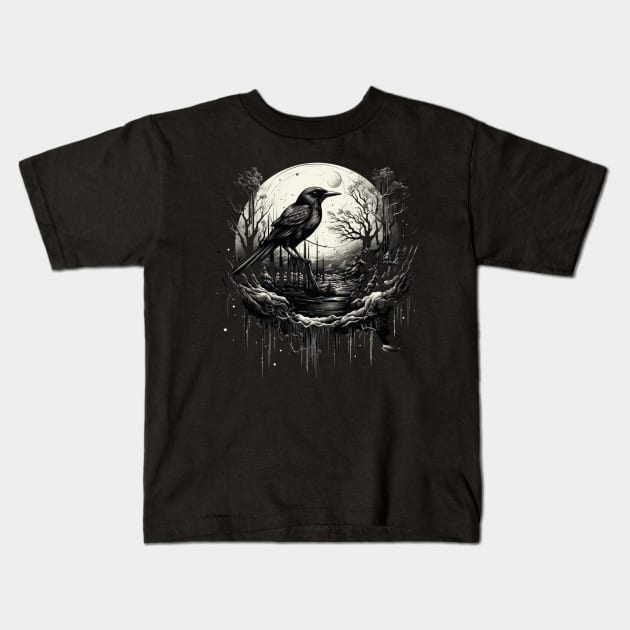 The Black Bird Is Sitting In The Shadow Of a Full Moon Kids T-Shirt by Positive Designer